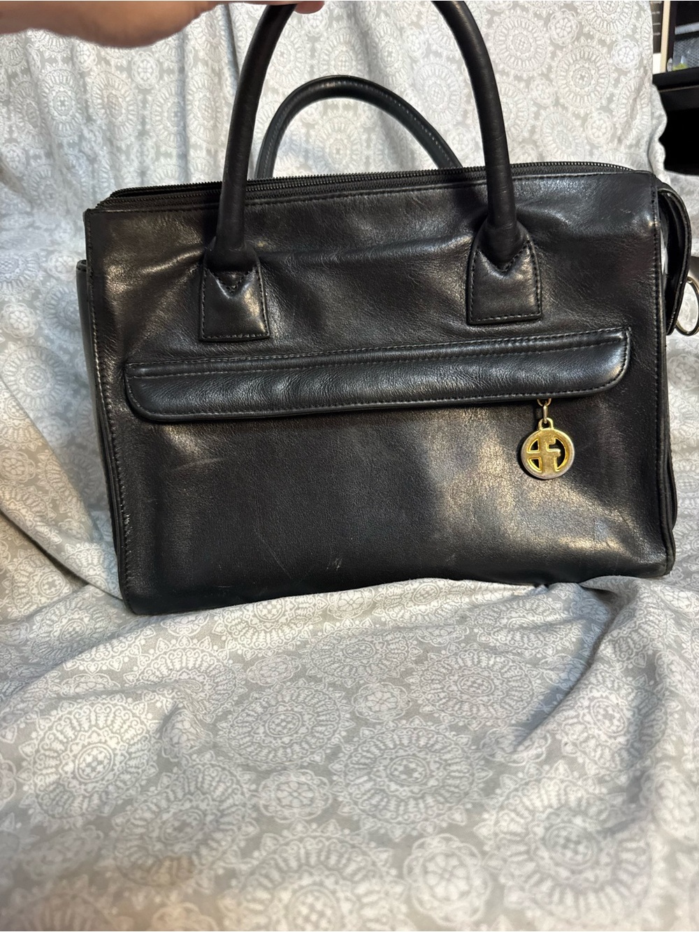 Gianni Bernini Black Leather Satchel Handbag with Gold Accent